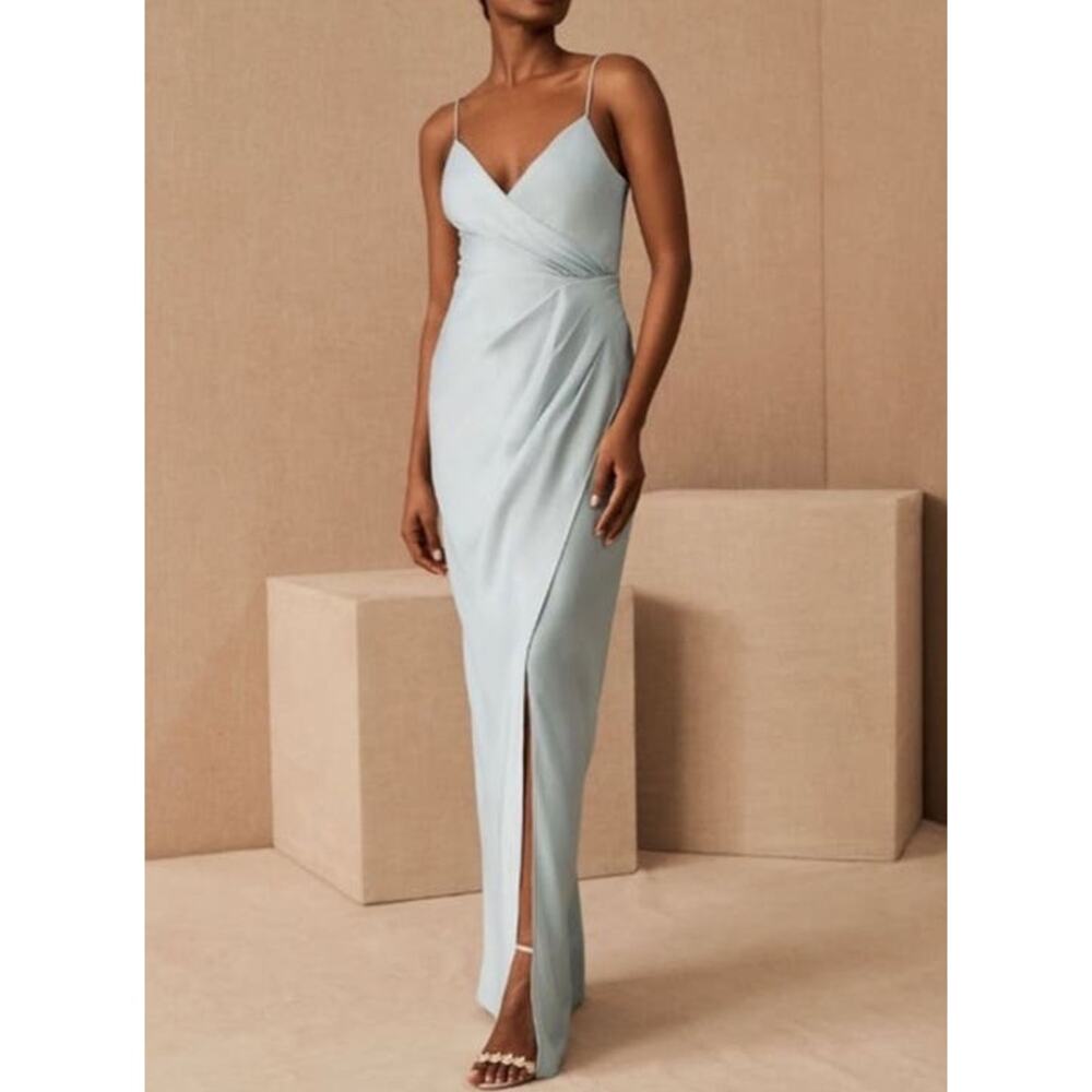 Anthropologie BHLDN Women Satin Freya Maxi Dress Size 14 Light Blue Side Slit
